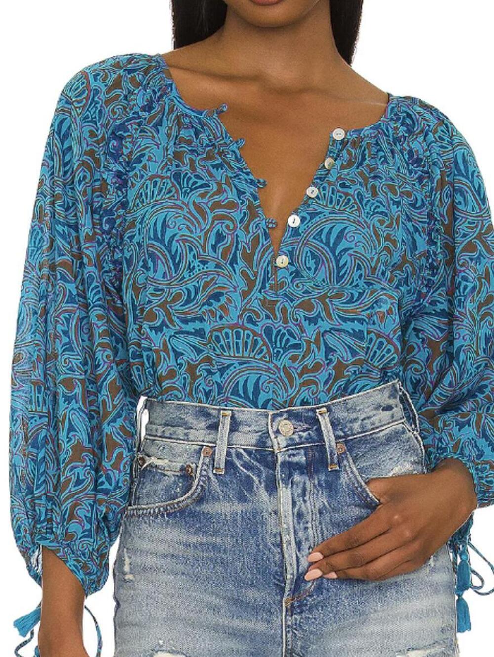 Cleobella 100% Cotton Blue Zuri Block Print Jayda Blouse - Size - Medium - Picture 2 of 10